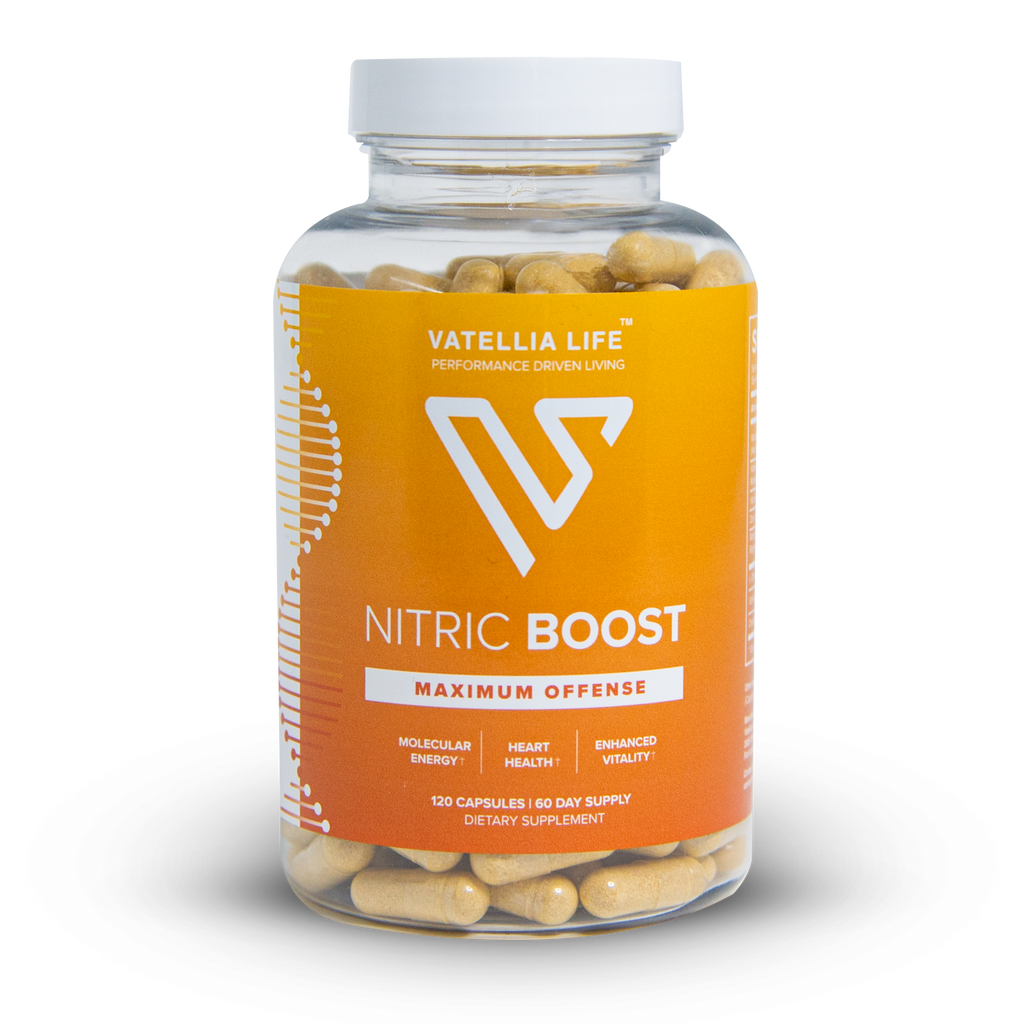Nitric Boost nitric oxide supplement bottle by Vatellia Life