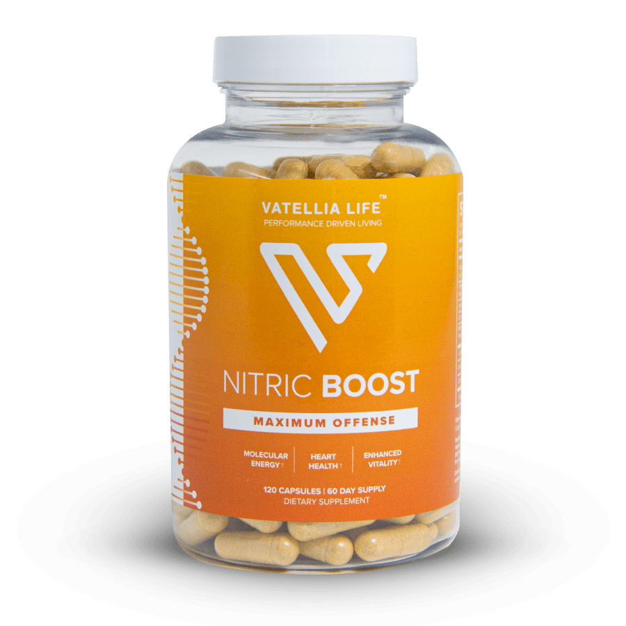 Nitric Boost nitric oxide supplement bottle by Vatellia Life
